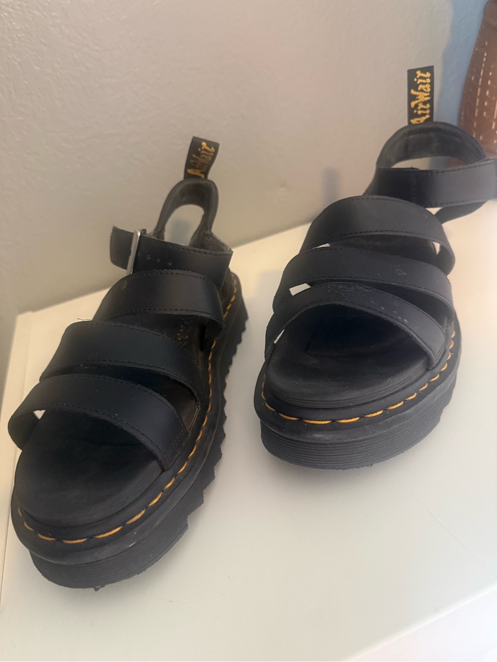 Dr. Martens Black Triple-Strap Platform Sandals with Yellow Stitching